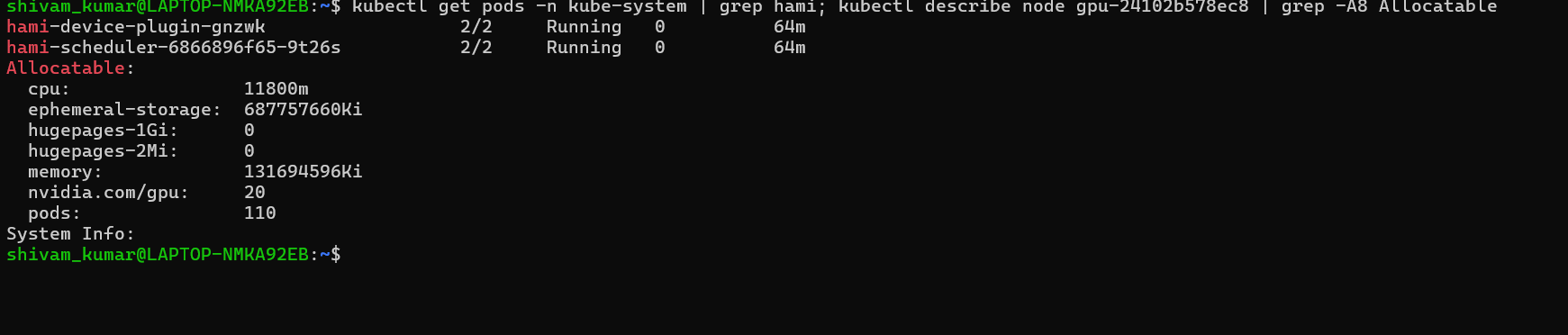 HAMi device plugin and scheduler running; node allocatable shows nvidia.com/gpu: 20